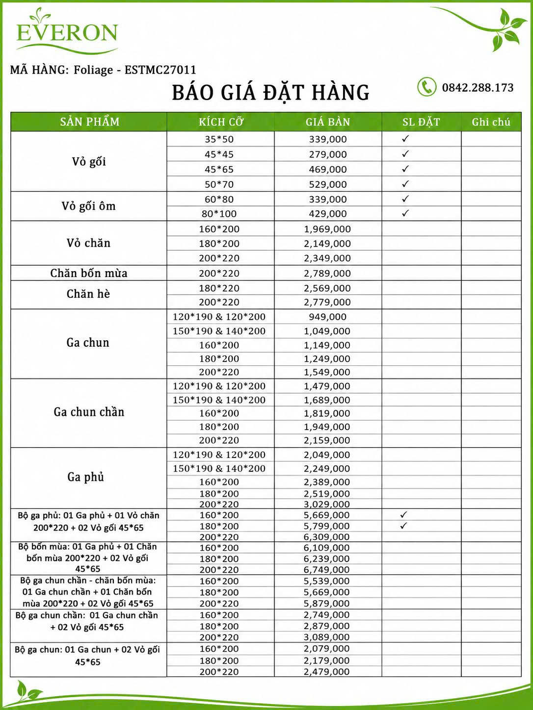Bộ chăn ga EVERON Foliage - ESTMC27011 Bảng báo giá Chăn ga liên hệ 0842.288.173