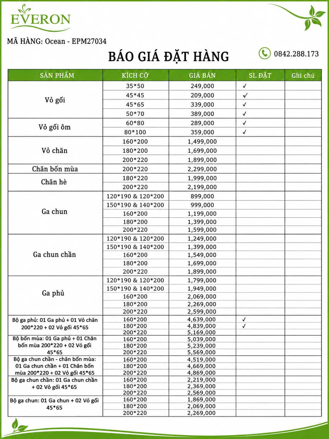 Bộ chăn ga EVERON EPM27034 Bảng báo giá Chăn ga liên hệ 0842.288.173