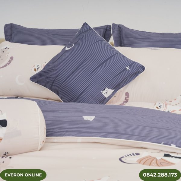 Bộ Chăn Ga Gối Everon Mèo Vui Vẻ Modal Cotton Cho Bé