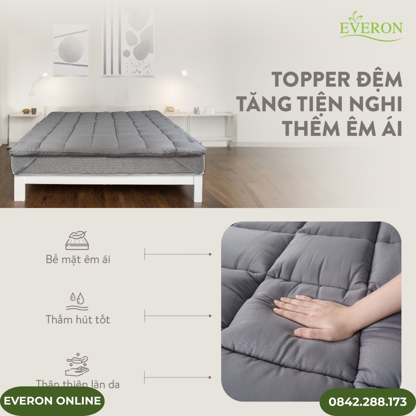 Topper đệm Everon xơ bông mềm mại Topper đệm Everon xơ bông mềm mại