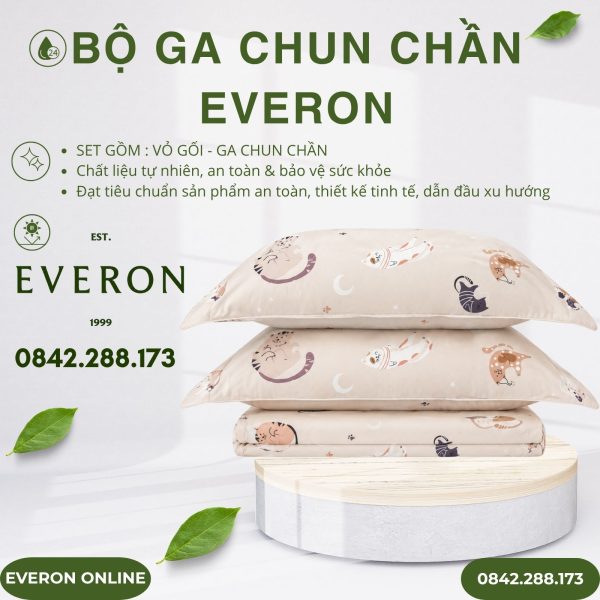 Bộ ga chun chần Everon CPM25202 Mèo Vui Vẻ Modal Cotton BST Cutie