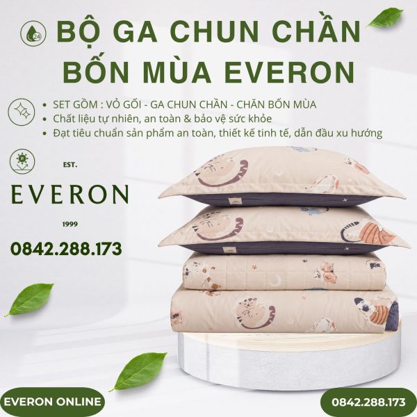 Bộ ga chun chần bốn mùa Everon CPM25202 Mèo Vui Vẻ