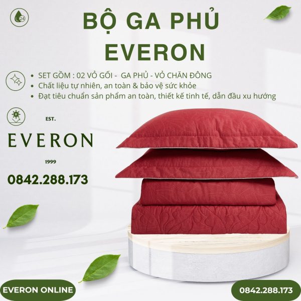 Bộ ga phủ Everon EPC26016 lá thu đỏ Cotton Sateen BST Đơm hoa
