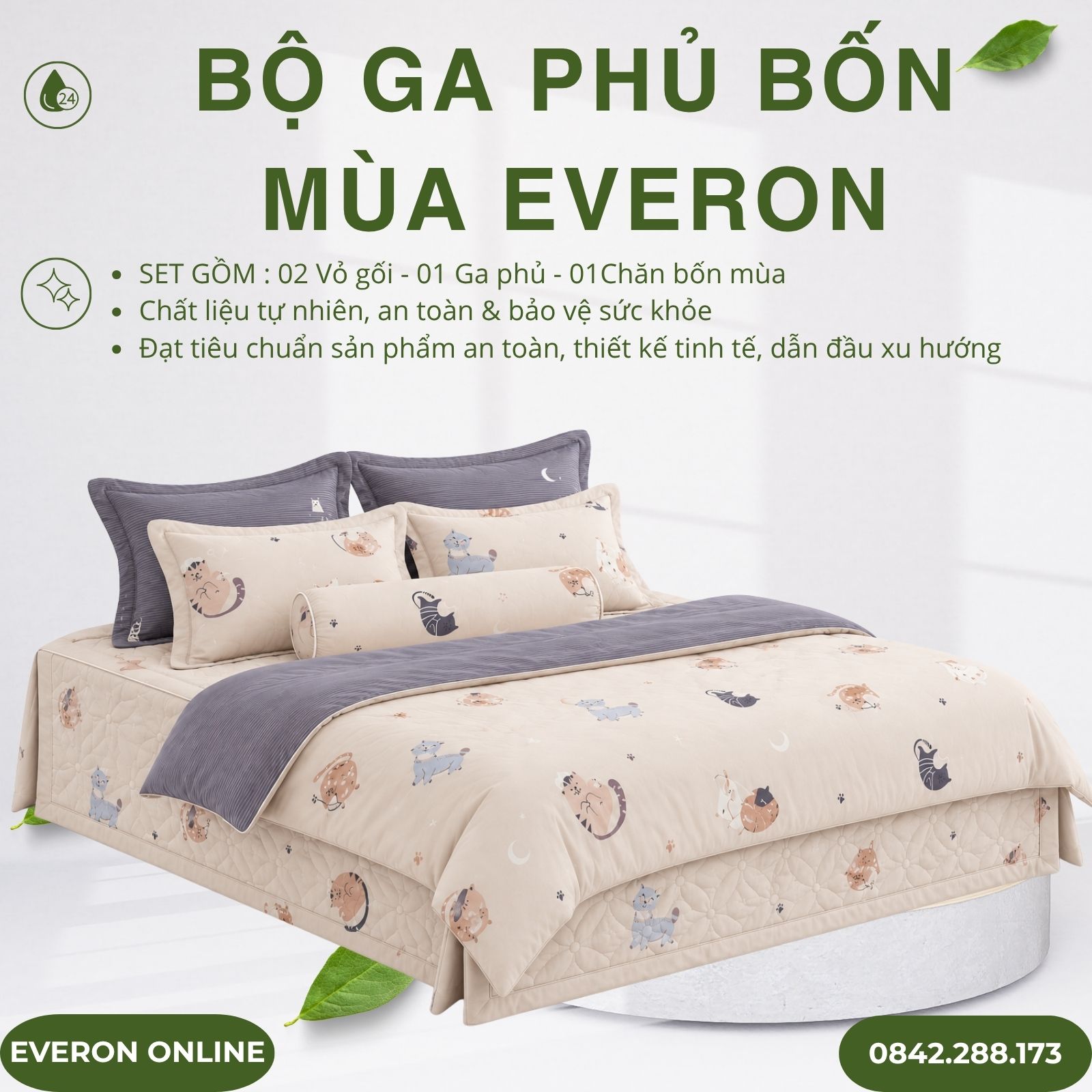 Bộ ga phủ bốn mùa Everon CPM25202 Mèo Vui Vẻ Modal Cotton BST Cutie Bộ ga phủ bốn mùa Everon CPM25202 Mèo Vui Vẻ Modal Cotton BST Cutie