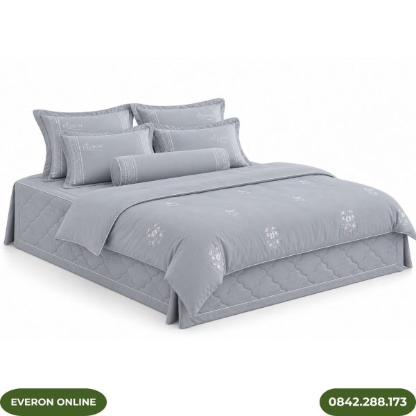 Bộ ga phủ bốn mùa Everon EST25042 Hoa Thêu Xám Tencel