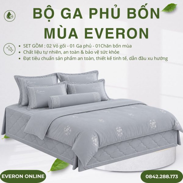Bộ ga phủ bốn mùa Everon EST25042 Hoa Thêu Xám Tencel BST Ever-on