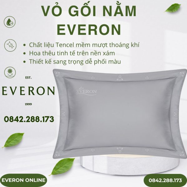 Vỏ gối nằm Everon EST25042 Tencel hoa thêu màu xám